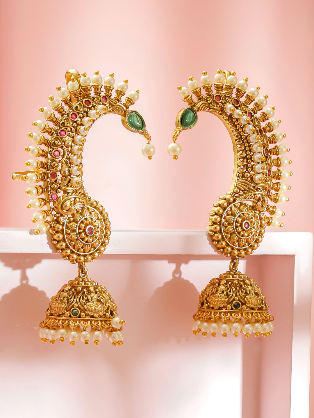 Rubans 24K Gold-Plated Brass Ruby Red, Green & White Pearl Temple Earcuff Jhumka Earrings