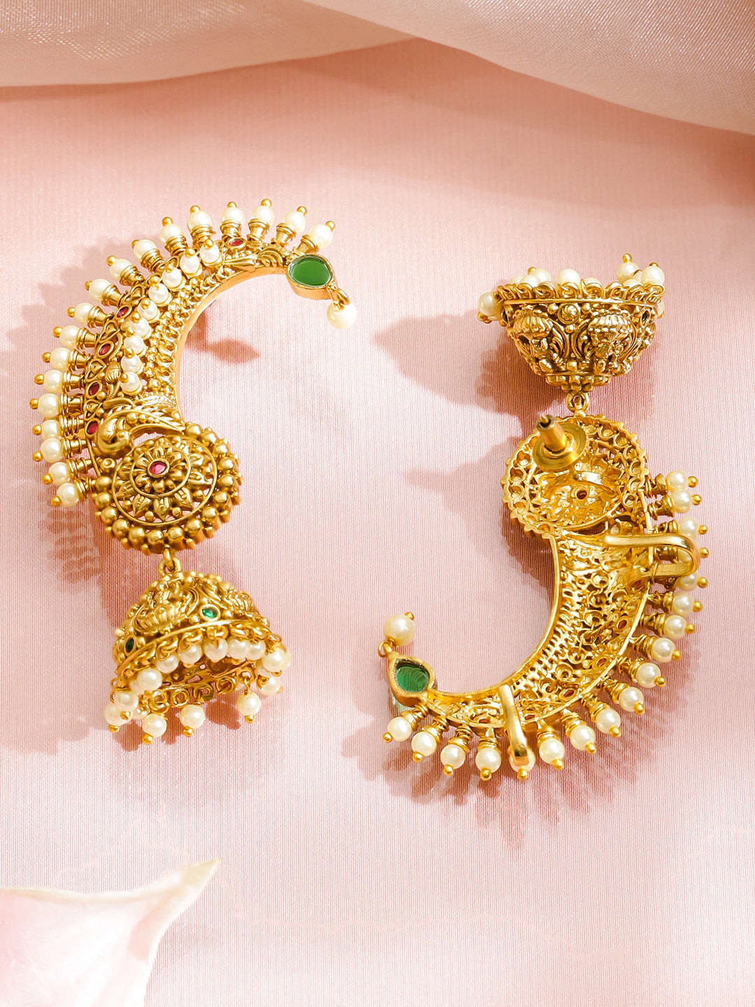 Rubans 24K Gold-Plated Brass Ruby Red, Green & White Pearl Temple Earcuff Jhumka Earrings
