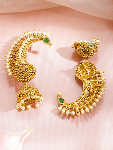Rubans 24K Gold-Plated Brass Ruby Red, Green & White Pearl Temple Earcuff Jhumka Earrings
