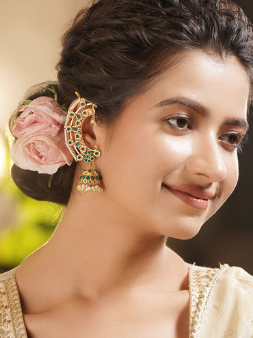 Gold Plated Brass Green Kundan Beaded Ear Cuff Jhumka Earrings