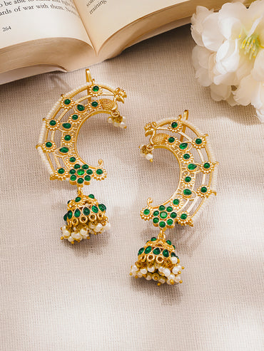 Gold Plated Brass Green Kundan Beaded Ear Cuff Jhumka Earrings