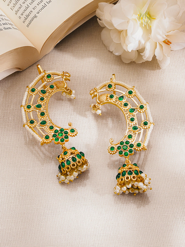 Gold Plated Brass Green Kundan Beaded Ear Cuff Jhumka Earrings