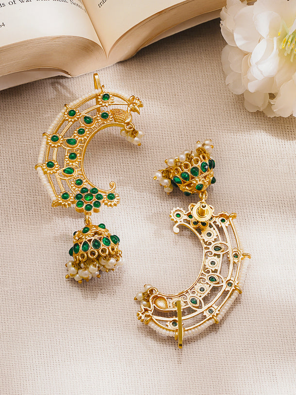 Gold Plated Brass Green Kundan Beaded Ear Cuff Jhumka Earrings