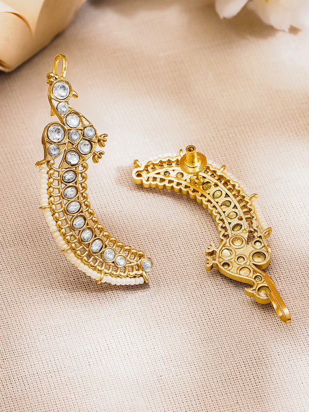 Gold Plated Brass Kundan Peacock Motif Statement Ear Cuff Earring