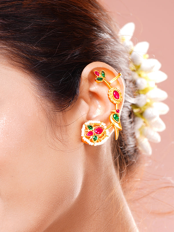 Festive Charm Lotus Kundan Pearl Ear Cuffs
