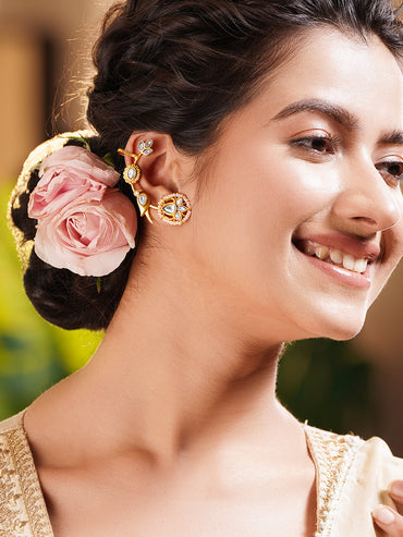 Gold Plated Brass White Kundan Pearl Floral Ear Cuff Earrings