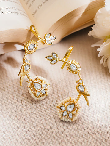 Gold Plated Brass White Kundan Pearl Floral Ear Cuff Earrings