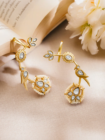 Gold Plated Brass White Kundan Pearl Floral Ear Cuff Earrings