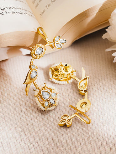 Gold Plated Brass White Kundan Pearl Floral Ear Cuff Earrings