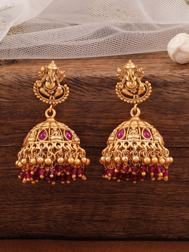 Temple Glow Lord Ganesha Motif Red Jhumka