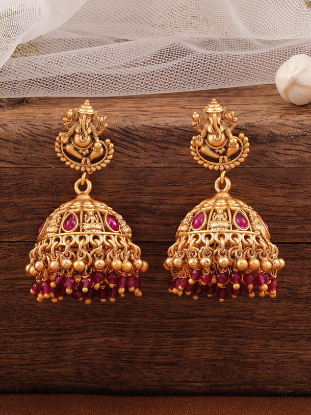 Temple Glow Lord Ganesha Motif Red Jhumka