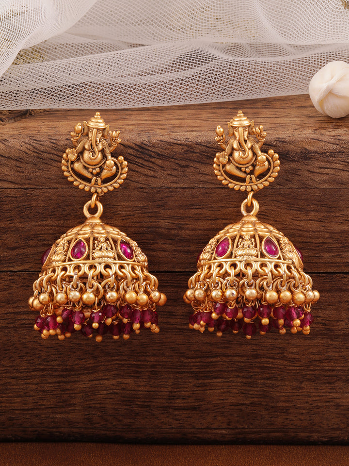 Temple Glow Lord Ganesha Motif Red Jhumka