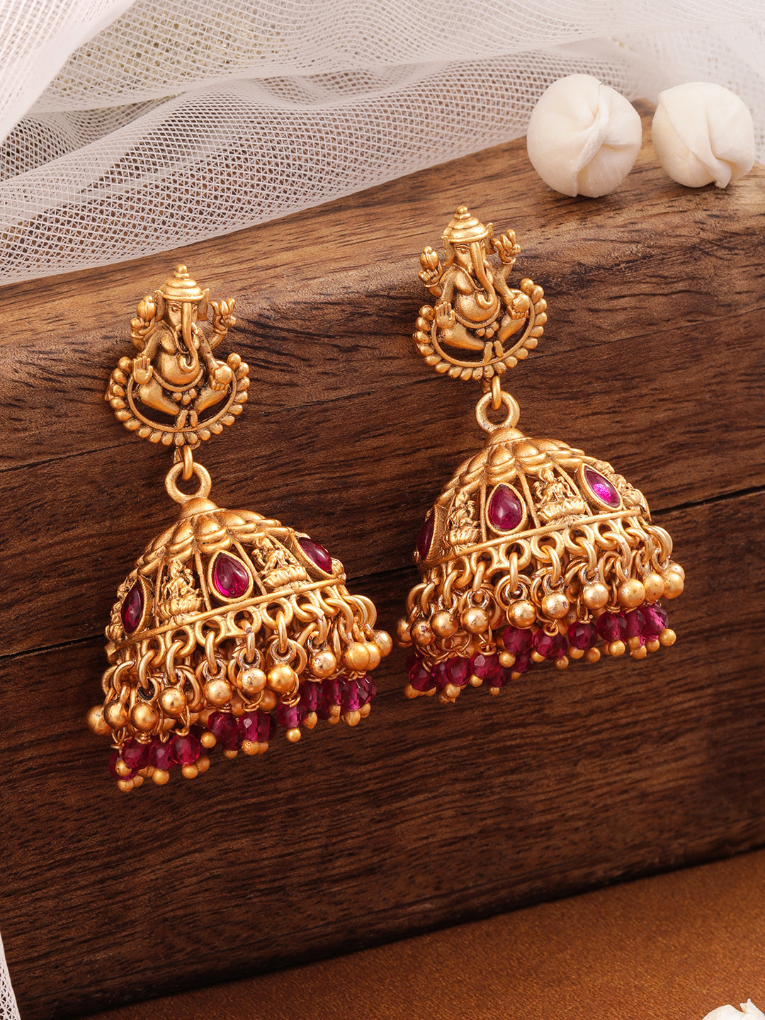 Temple Glow Lord Ganesha Motif Red Jhumka