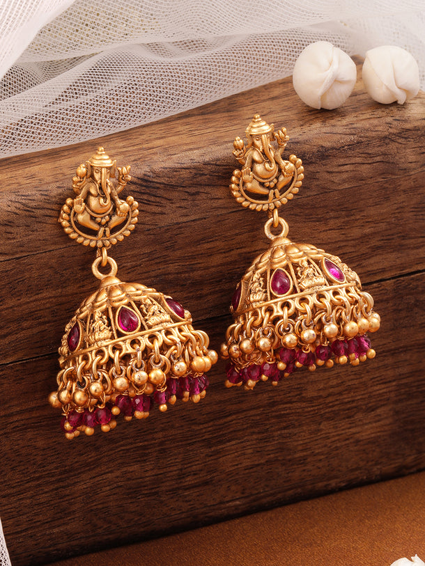 Temple Glow Lord Ganesha Motif Red Jhumka