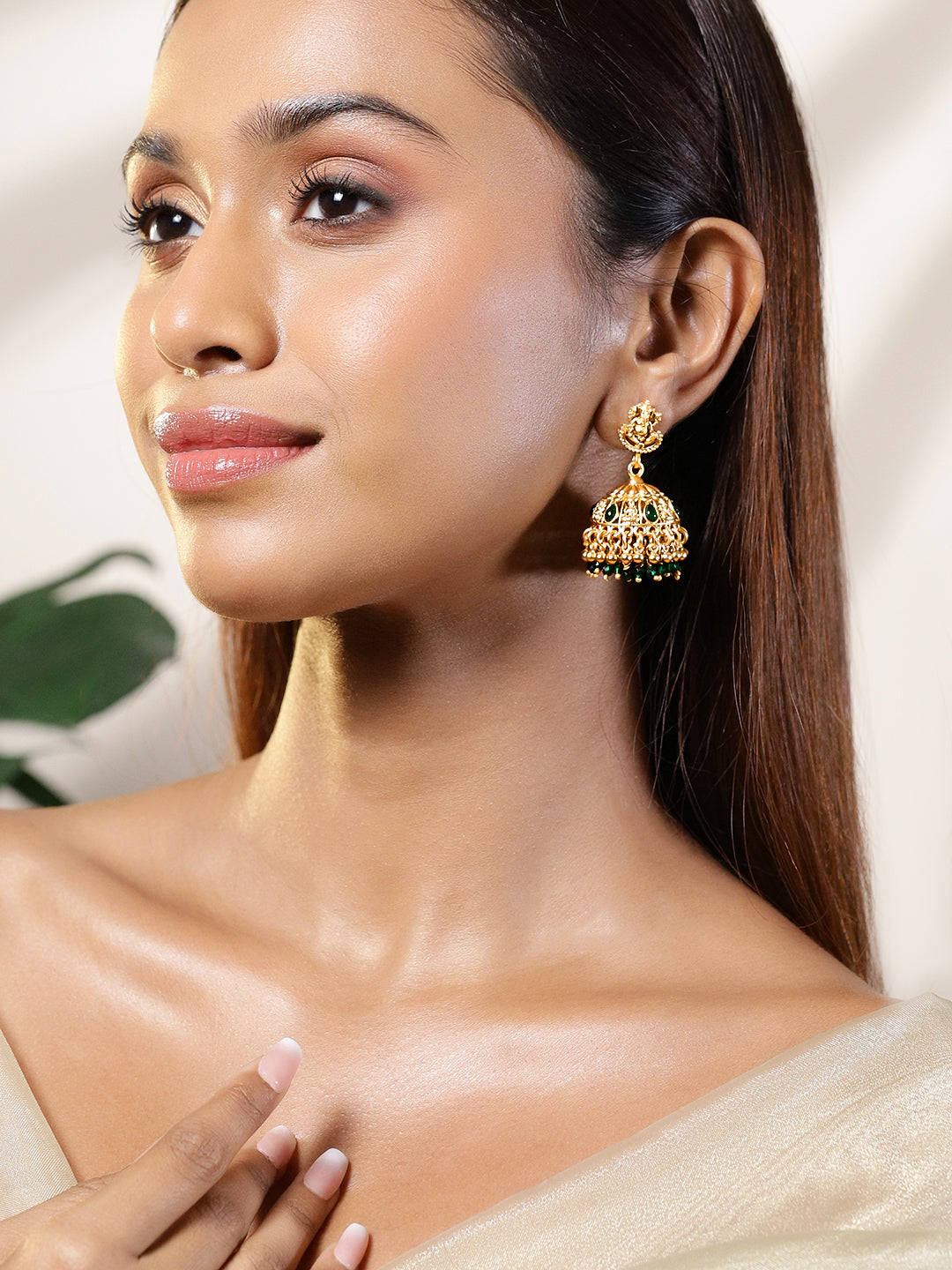 Temple Glow Lord Ganesha Motif Green Jhumka