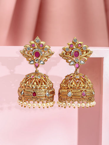 Pink & White Studded Pearl Drop Jhumkas