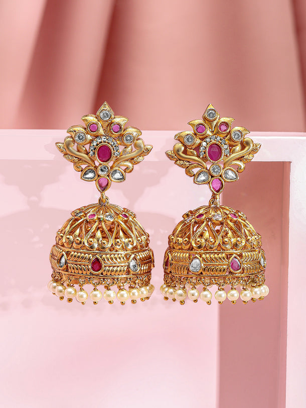 Pink & White Studded Pearl Drop Jhumkas