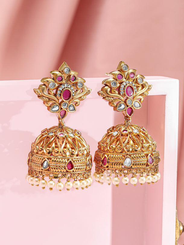 Pink & White Studded Pearl Drop Jhumkas