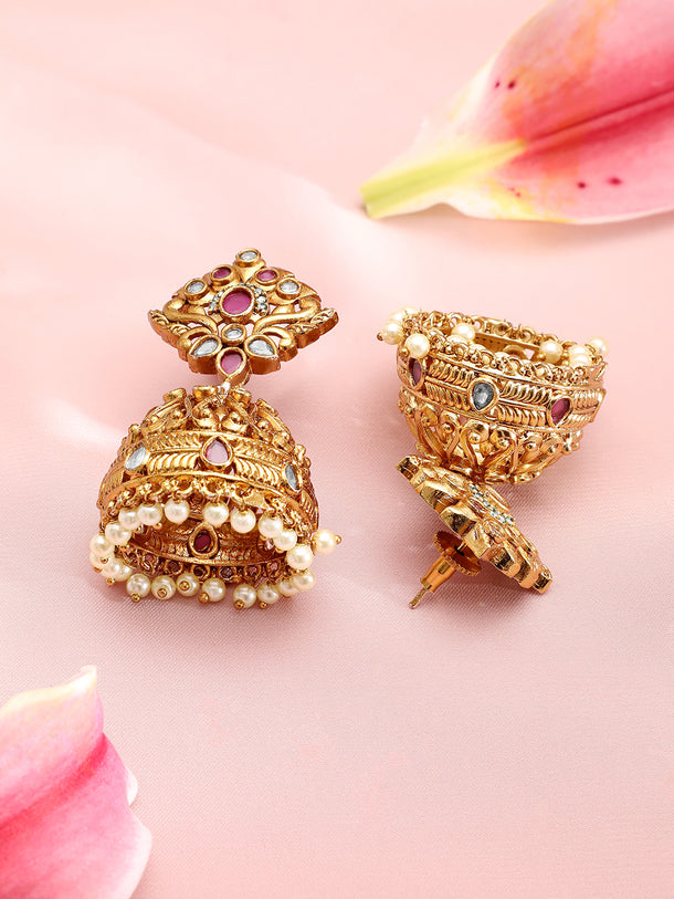 Pink & White Studded Pearl Drop Jhumkas