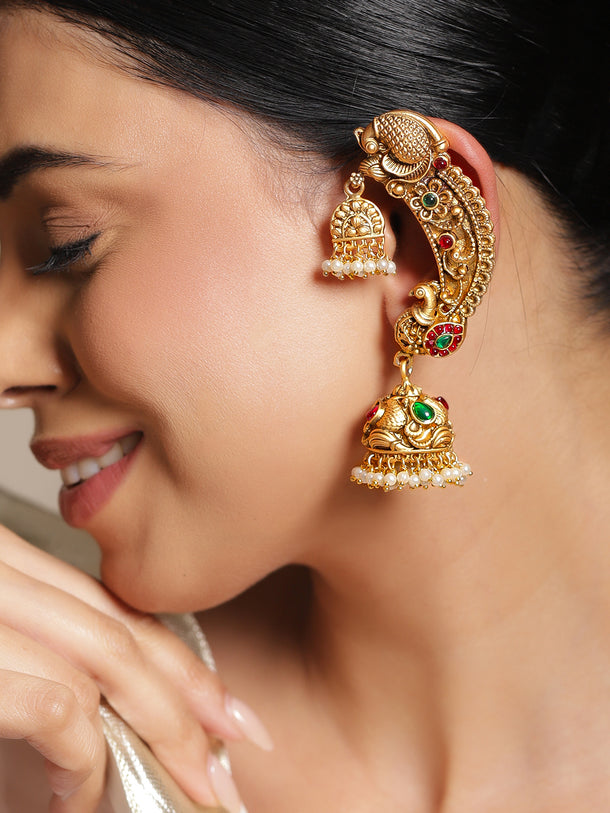 Peacock Motif Pearl Drop Gold Toned Jhumkas