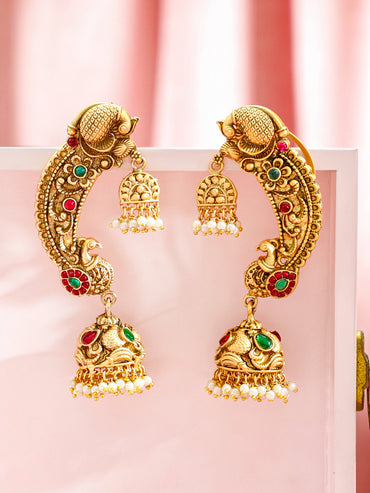Peacock Motif Pearl Drop Gold Toned Jhumkas
