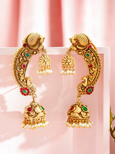 Peacock Motif Pearl Drop Gold Toned Jhumkas