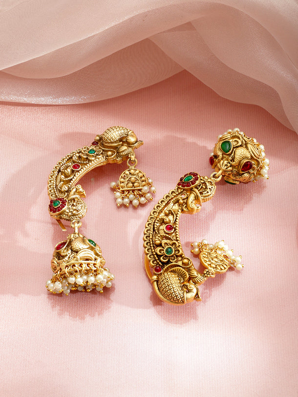 Peacock Motif Pearl Drop Gold Toned Jhumkas