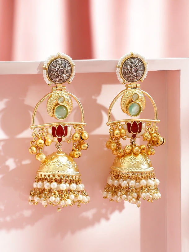 Multicolor Pearl Embellished Gold Kashmiri Jhumkas
