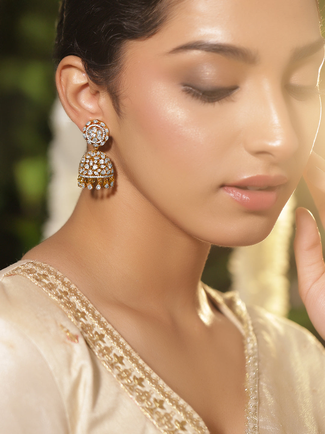 Rubans 22K Gold-Plated Cubic Zirconia Studded Dome Shaped Jhumkas