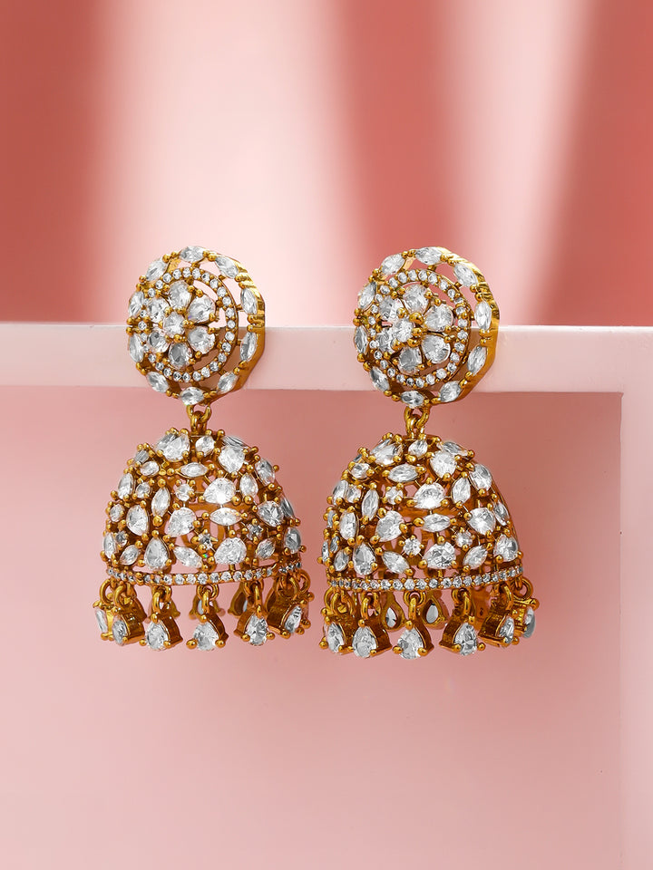 Rubans 22K Gold-Plated Cubic Zirconia Studded Dome Shaped Jhumkas