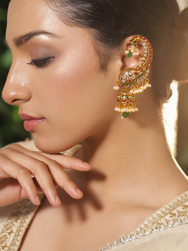 Rubans 22K Gold-Plated Cubic Zirconia Studded And Beaded Dome Shaped Jhumkas