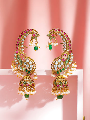 Rubans 22K Gold-Plated Cubic Zirconia Studded And Beaded Dome Shaped Jhumkas