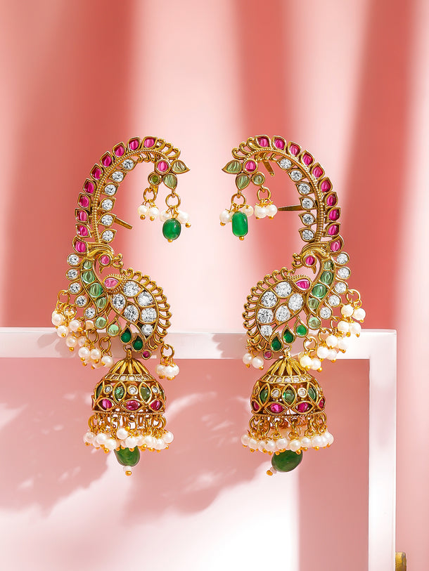 Rubans 22K Gold-Plated Cubic Zirconia Studded And Beaded Dome Shaped Jhumkas