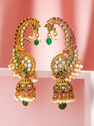 Rubans 22K Gold-Plated Cubic Zirconia Studded And Beaded Dome Shaped Jhumkas