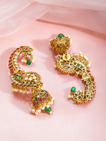 Rubans 22K Gold-Plated Cubic Zirconia Studded And Beaded Dome Shaped Jhumkas