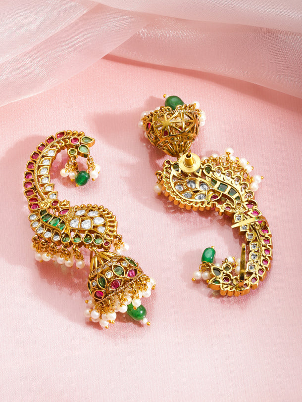 Rubans 22K Gold-Plated Cubic Zirconia Studded And Beaded Dome Shaped Jhumkas