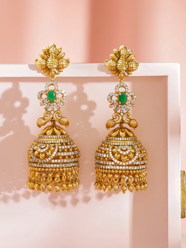 Green & White Studded Gold Drop Jhumkas