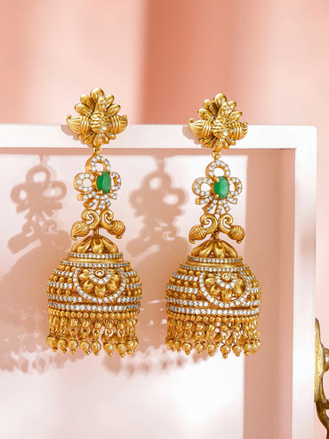 Green & White Studded Gold Drop Jhumkas