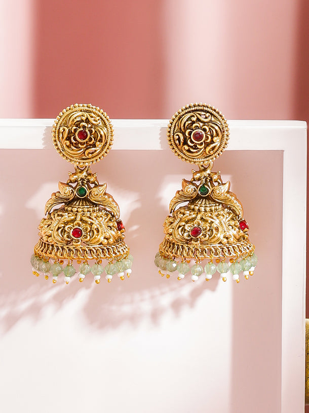 Green Beaded Gold Jhumkas