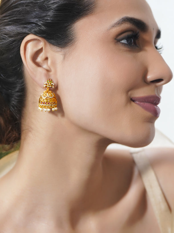 Ruby Glow Bridal Gold Jhumkas