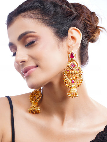 Gold-Plated Ruby Pink Ghungroo Jhumka Earrings