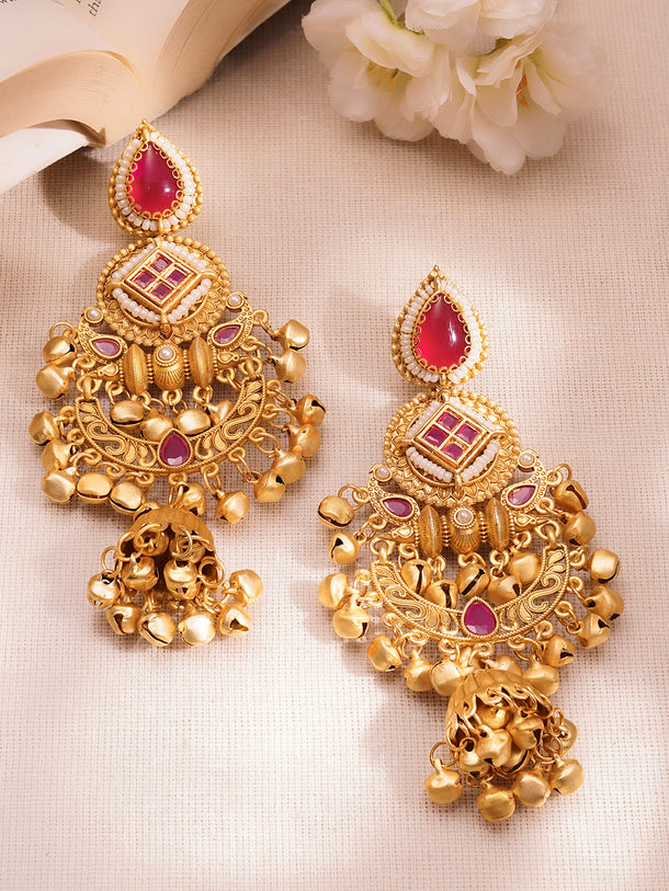 Gold-Plated Ruby Pink Ghungroo Jhumka Earrings