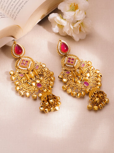 Gold-Plated Ruby Pink Ghungroo Jhumka Earrings