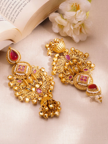 Gold-Plated Ruby Pink Ghungroo Jhumka Earrings