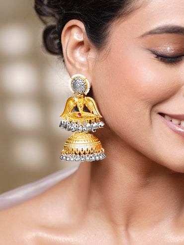 Vintage Bird Motif Oversized Oxidised Jhumkas