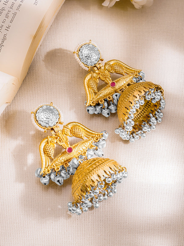 Vintage Bird Motif Oversized Oxidised Jhumkas