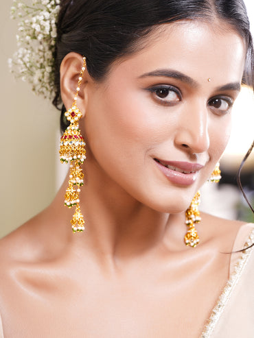 Gold-Plated Ruby Kundan Pearl Kaan Chain Jhumka Earrings