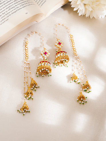 Gold-Plated Ruby Kundan Pearl Kaan Chain Jhumka Earrings