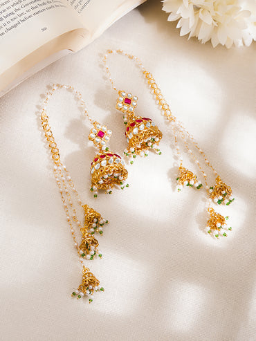 Gold-Plated Ruby Kundan Pearl Kaan Chain Jhumka Earrings