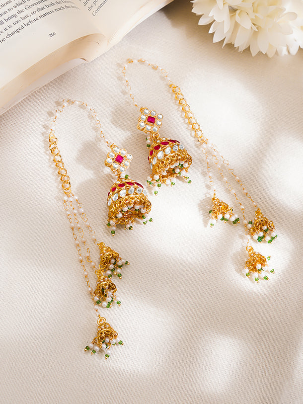 Gold-Plated Ruby Kundan Pearl Kaan Chain Jhumka Earrings